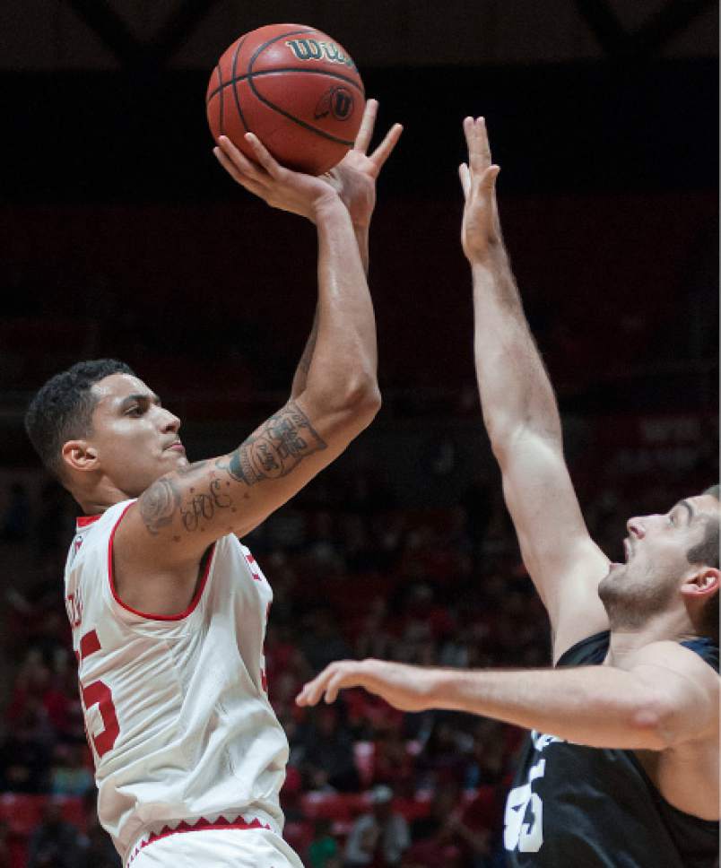 Michael Mangum  |  Special to the Tribune

Utah Utes junior forward Kyle Kuzma (35) takes a jumper during their game against the Butler Bulldogs at the Huntsman Center in Salt Lake City on Monday, November 28th, 2016. Kuzma finished with a game-high 21 points.