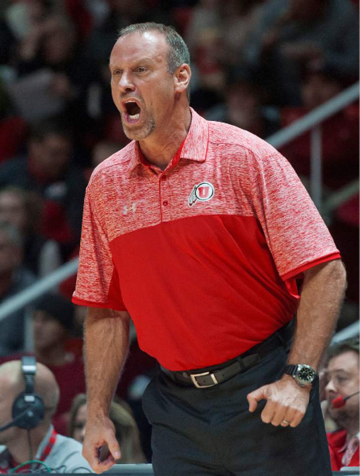 Michael Mangum  |  Special to the Tribune

Utah head coach Larry Krystkowiak yells to his team during their game against the Butler Bulldogs at the Huntsman Center in Salt Lake City on Monday, November 28th, 2016.