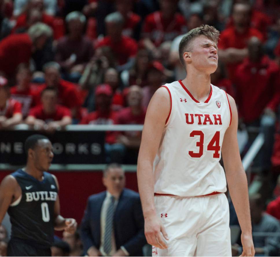 Michael Mangum  |  Special to the Tribune

Utah Utes freshman center Jayce Johnson (34) grimaces after being called for a foul during their game against the Butler Bulldogs at the Huntsman Center in Salt Lake City on Monday, November 28th, 2016.