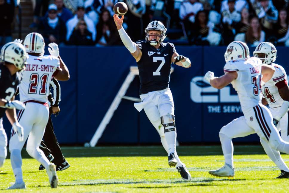 Chris Detrick  |  The Salt Lake Tribune
Brigham Young Cougars quarterback Taysom Hill (7) throws the ball during the game at LaVell Edwards Stadium Saturday November 19, 2016.