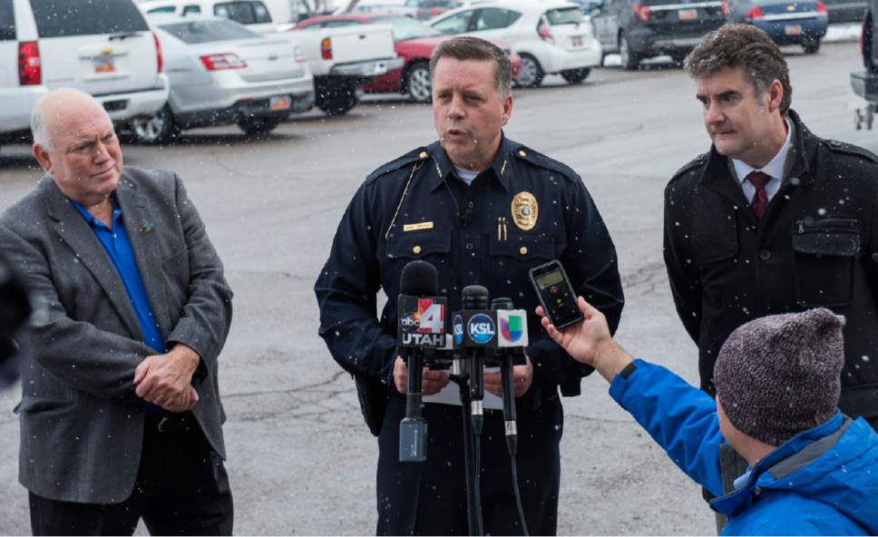 Rick Egan  |  The Salt Lake Tribune

Bountiful Mayor Randy Lewis, Bountiful Police Chief Tom Ross, and Chris Williams, Davis School District, give a press conference after a shooting at Mueller Park Jr. High, in Bountiful, Thursday, December 1, 2016.