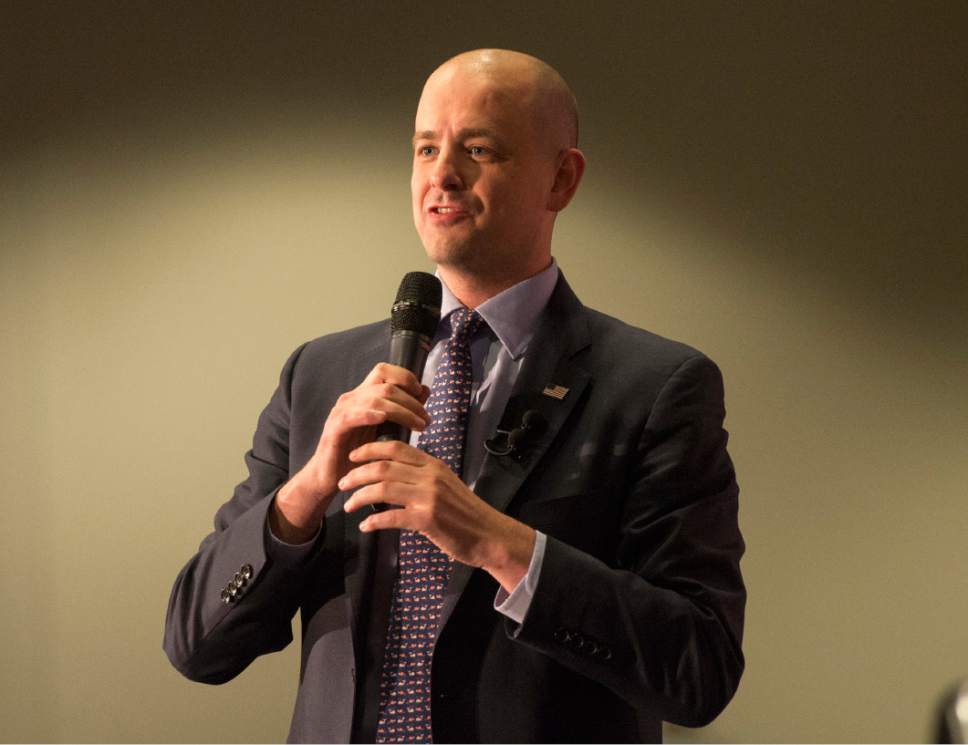 Rick Egan  |  The Salt Lake Tribune

Independent presidential candidate Evan McMullin speaks at his election eve rally at Utah Valley Convention Center in Provo on Monday, Nov. 7, 2016.