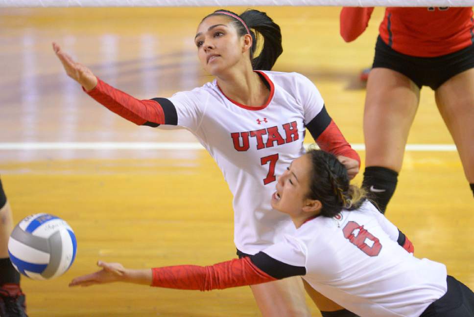 Leah Hogsten  |  The Salt Lake Tribune
Utah outside hitter Eliza Katoa (7) and Utah setter Bailey Choy (8) dive to make a save. University of Utah women's volleyball team were defeated by UNLV during the first round of the NCAA tournament Friday, December 2, 2016 on the campus of Brigham Young University.