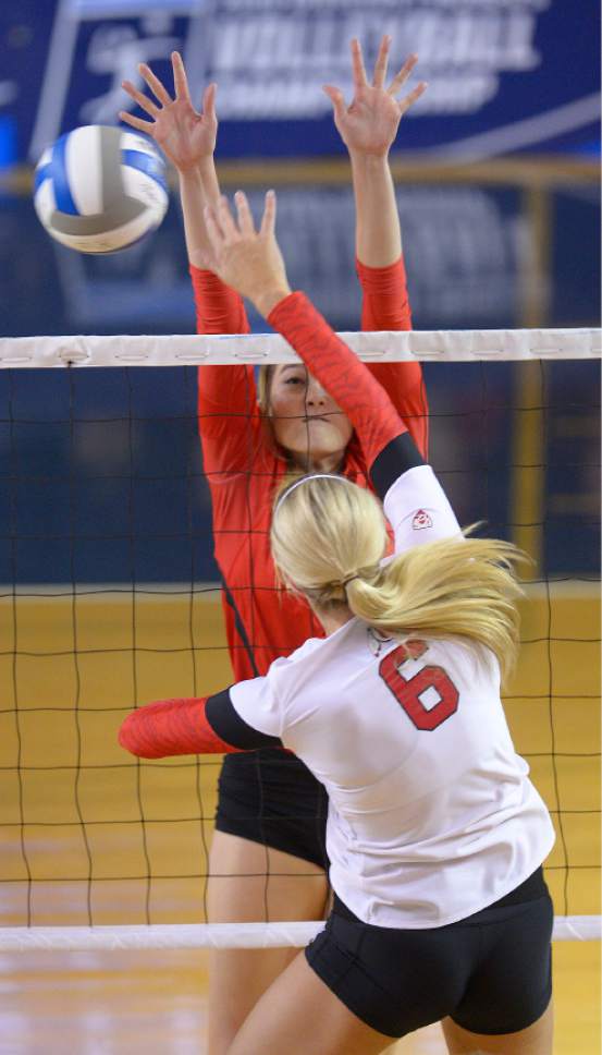 Leah Hogsten  |  The Salt Lake Tribune
Utah outside hitter Emma Kirst (6) slams the ball past UNLV middle blocker Ashley Owens (14).  University of Utah women's volleyball team were defeated by UNLV during the first round of the NCAA tournament Friday, December 2, 2016 on the campus of Brigham Young University.