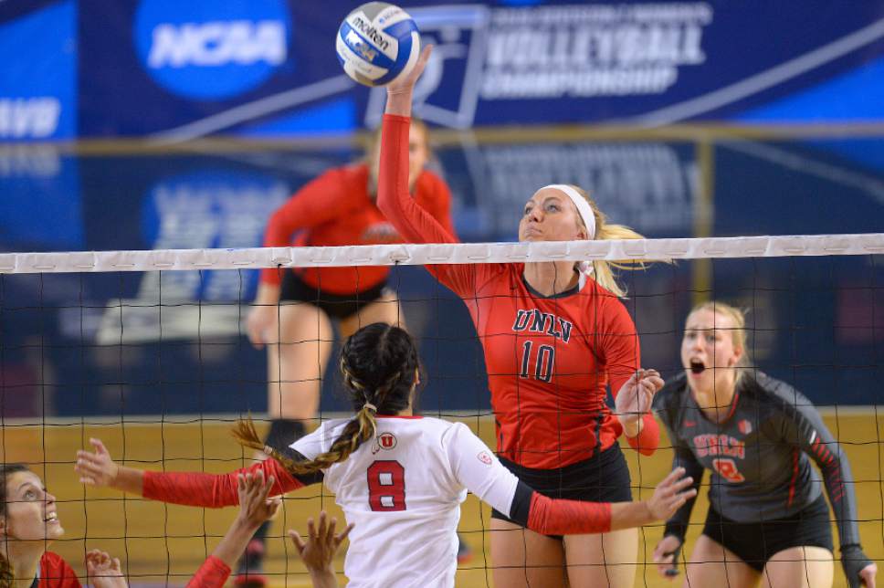 Leah Hogsten  |  The Salt Lake Tribune
Utah middle blocker Carly Trueman (10) makes a kill. University of Utah women's volleyball team were defeated by UNLV during the first round of the NCAA tournament Friday, December 2, 2016 on the campus of Brigham Young University.