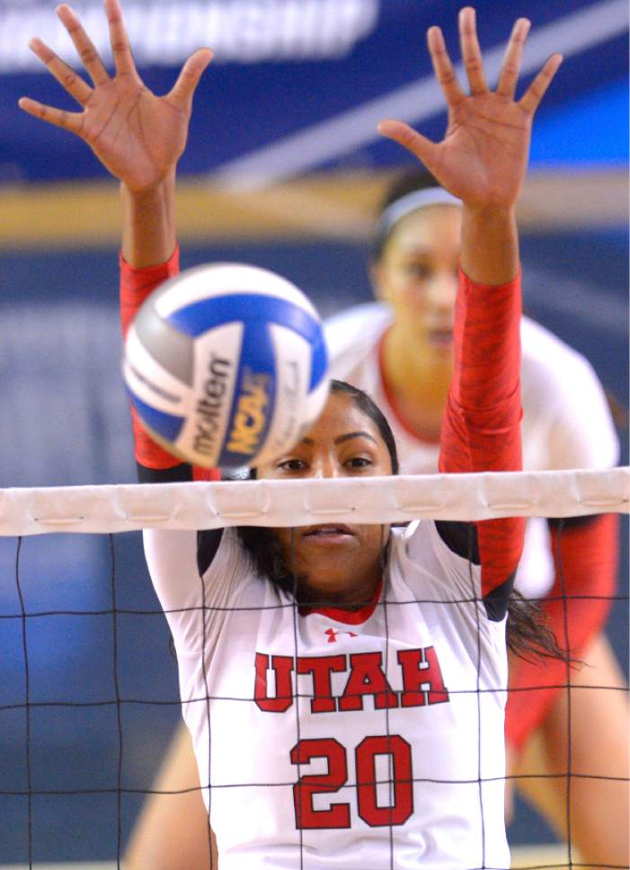 Leah Hogsten  |  The Salt Lake Tribune
Utah middle blocker Tawnee Luafalemana (20) is there for the block. University of Utah women's volleyball team were defeated by UNLV during the first round of the NCAA tournament Friday, December 2, 2016 on the campus of Brigham Young University.