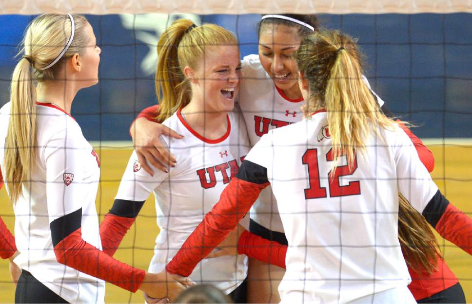 Leah Hogsten  |  The Salt Lake Tribune
Utah celebrates a point. University of Utah women's volleyball team were defeated by UNLV during the first round of the NCAA tournament Friday, December 2, 2016 on the campus of Brigham Young University.