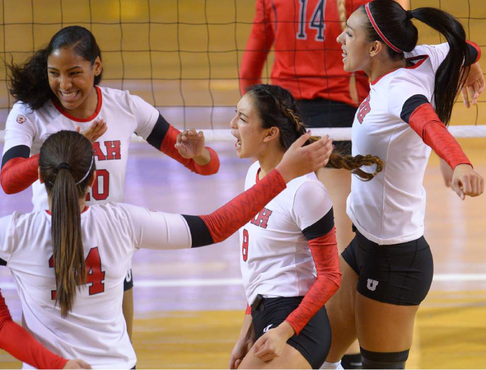 Leah Hogsten  |  The Salt Lake Tribune
Utah celebrates a kill. University of Utah women's volleyball team were defeated by UNLV 3-1 during the first round of the NCAA tournament Friday, December 2, 2016 on the campus of Brigham Young University.