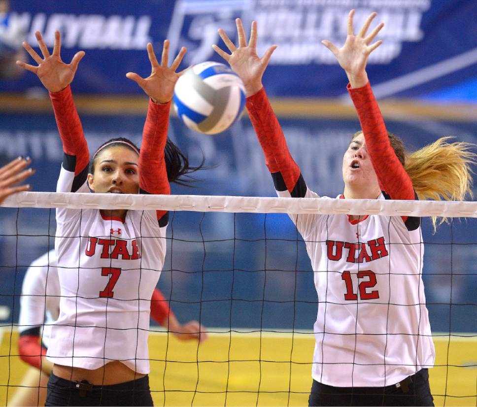 Leah Hogsten  |  The Salt Lake Tribune
The ball slips past Utah outside hitter Eliza Katoa (7) and Utah middle blocker Berkeley Oblad (12).  University of Utah women's volleyball team were defeated by UNLV 3-1 during the first round of the NCAA tournament Friday, December 2, 2016 on the campus of Brigham Young University.