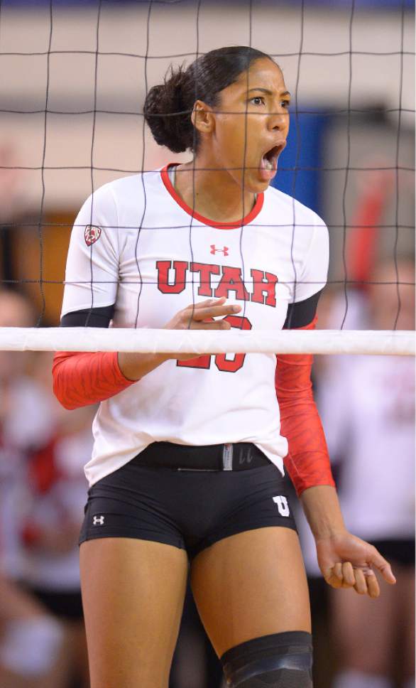 Leah Hogsten  |  The Salt Lake Tribune
Utah middle blocker Tawnee Luafalemana (20) marvels at teammate Utah middle blocker Carly Trueman (10). University of Utah women's volleyball team were defeated by UNLV during the first round of the NCAA tournament Friday, December 2, 2016 on the campus of Brigham Young University.