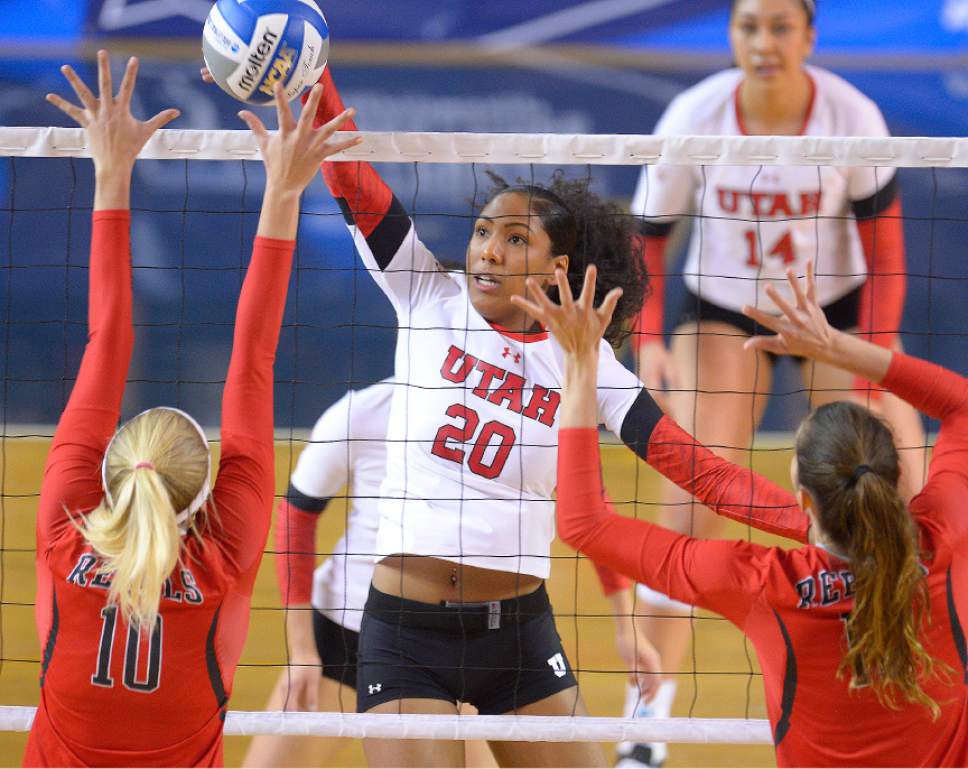 Leah Hogsten  |  The Salt Lake Tribune
Utah middle blocker Tawnee Luafalemana (20) returns the volley. University of Utah women's volleyball team were defeated by UNLV during the first round of the NCAA tournament Friday, December 2, 2016 on the campus of Brigham Young University.