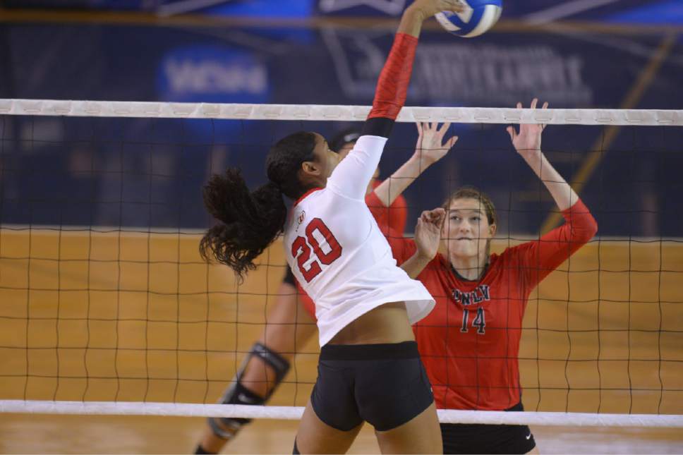 Leah Hogsten  |  The Salt Lake Tribune
Utah middle blocker Tawnee Luafalemana (20) slams it over the net. University of Utah women's volleyball team were defeated by UNLV during the first round of the NCAA tournament Friday, December 2, 2016 on the campus of Brigham Young University.