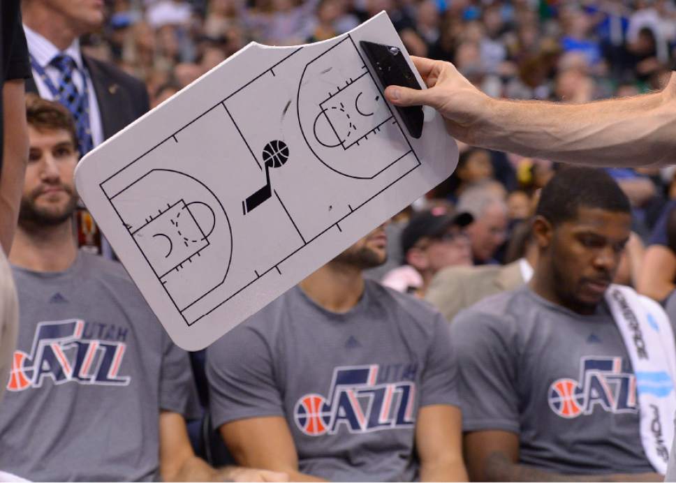 Leah Hogsten  |  The Salt Lake Tribune
Utah Jazz player Jeff Withey looks at the white board that head coach Quin Snyder slammed down on the floor and broke in a time out in the second half. The San Antonio Spurs defeated the Utah Jazz 100-86 during their game, Friday, November 4, 2016 at Vivant Smart Home Arena.