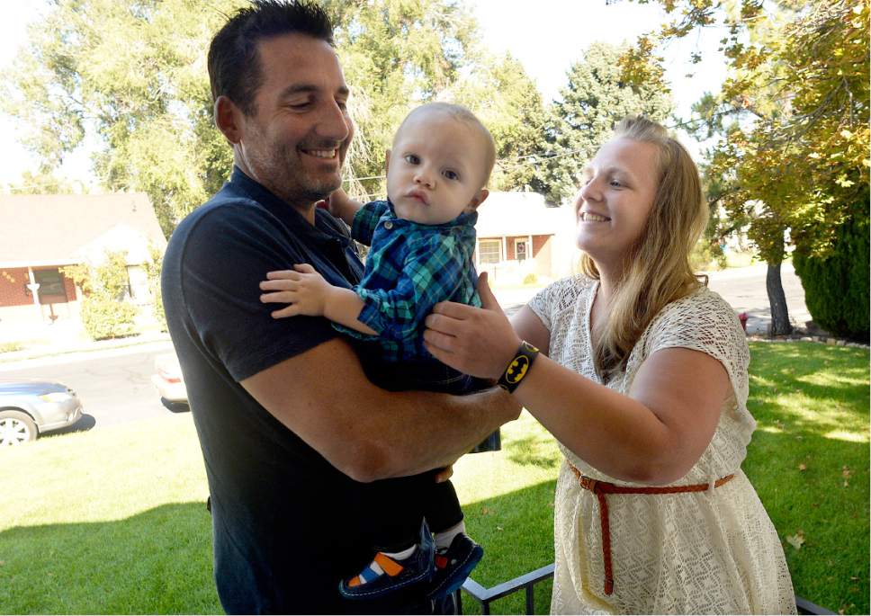 Scott Sommerdorf   |  The Salt Lake Tribune  
Jayson Orvis brings his adopted son to visit his birth mother, Kim Hawkins, at her Bountiful home, Wednesday, September 28, 2016. Hawkins was charged with first-degree murder in the death of her 13-month-old son, Billy Hawkins, despite her attorneys' assertion that there was no evidence she killed the boy. After more than a year in jail awaiting trial, she pleaded guilty to a misdemeanor and was released but still insists that she's innocent.
