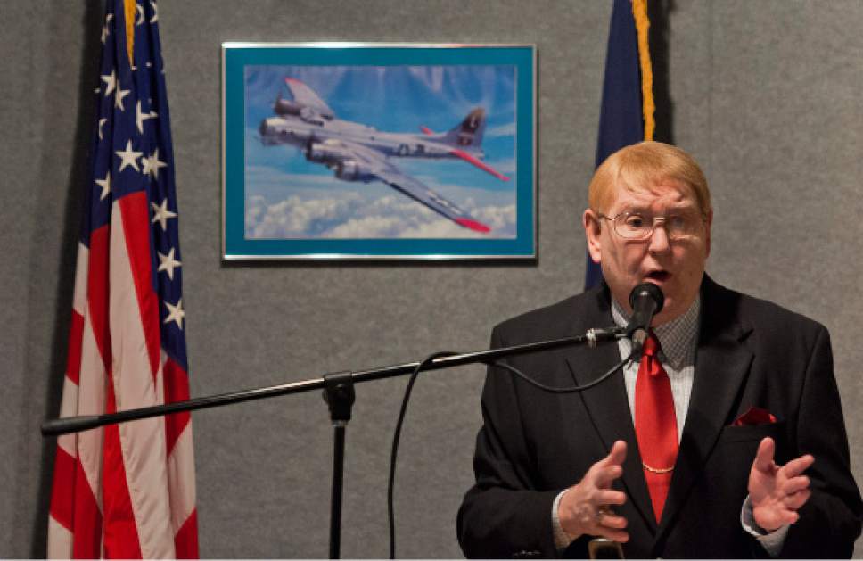 Michael Mangum  |  Special to the Tribune

Dr. Tucker Davis, son of Lt. Emmett "Cyclone" Davis, a Utahn who served in the Army Air Force during World War II, speaks during a Pearl Harbor commemoration program at the Fort Douglas Museum in Salt Lake City on Saturday, December 3rd, 2016.