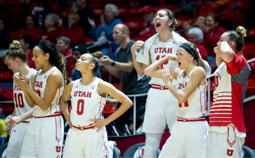 Lennie Mahler  |  The Salt Lake Tribune

Utah's bench celebrates a late bucket in a game against Utah State at the Huntsman Center in Salt Lake City, Saturday, Dec. 3, 2016.