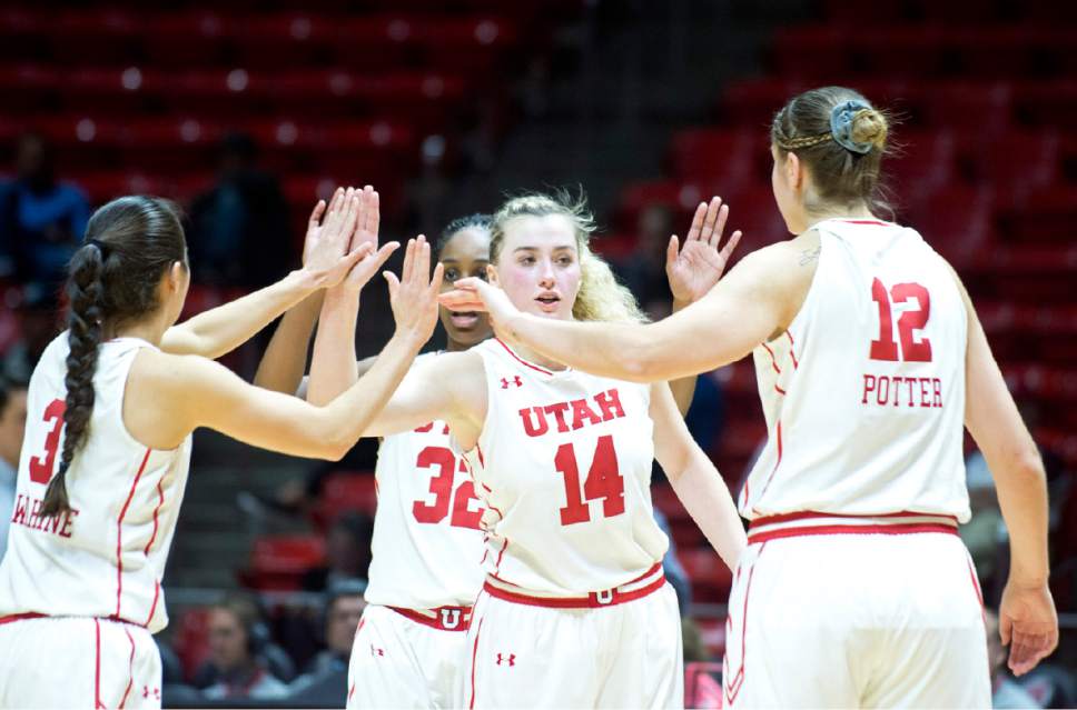 Lennie Mahler  |  The Salt Lake Tribune

Utah Paige Crozon and teammates huddle after defeating Utah State 65-58 at the Huntsman Center in Salt Lake City, Saturday, Dec. 3, 2016.
