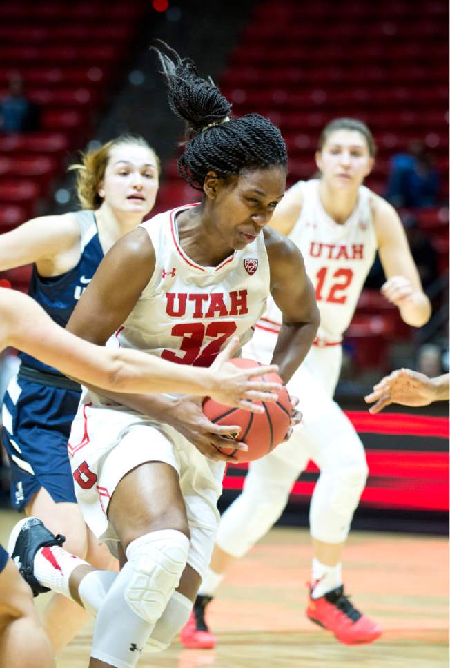 Lennie Mahler  |  The Salt Lake Tribune

Utah's Tanaeya Boclair drives to the basket in a game at the Huntsman Center in Salt Lake City, Saturday, Dec. 3, 2016.