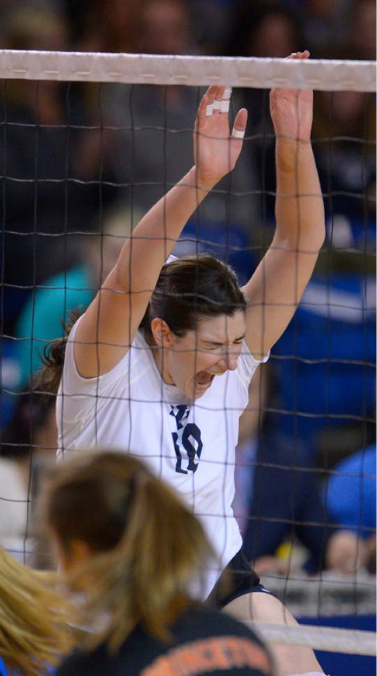 Leah Hogsten  |  The Salt Lake Tribune
BYU middle blocker Amy Boswell (10) celebrates a kill. Brigham Young University women's volleyball team defeated Princeton 3-0 during the first round of the NCAA tournament Friday, December 2, 2016 on the campus of Brigham Young University.