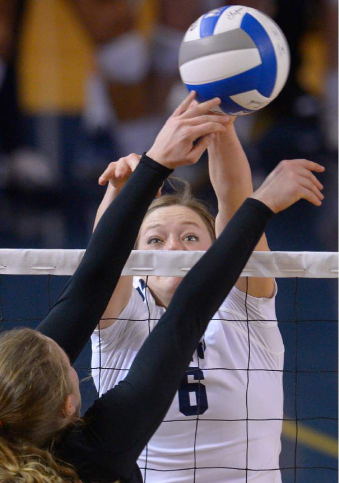 Leah Hogsten  |  The Salt Lake Tribune
BYU setter Lyndie Haddock (6) makes the block. Brigham Young University women's volleyball team defeated Princton 3-0 during the first round of the NCAA tournament Friday, December 2, 2016 on the campus of Brigham Young University.