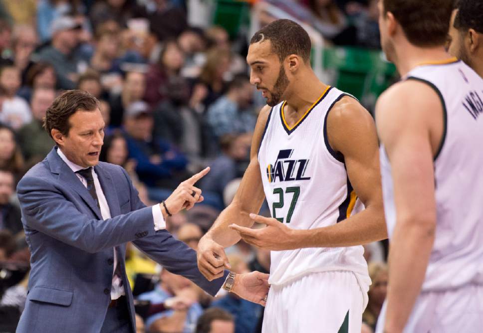 Lennie Mahler  |  The Salt Lake Tribune

Utah Jazz head coach Quin Snyder speaks with Rudy Gobert during a timeout in the first half of a game at Vivint Smart Home Arena in Salt Lake City, Saturday, Dec. 3, 2016.
