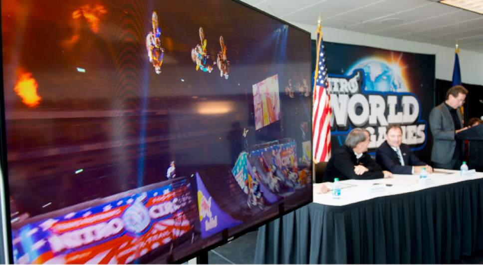 Steve Griffin  |  The Salt Lake Tribune

A video of the Nitro Circus plays during a press conference announcing the inaugural Nitro World Games at the University of Utah's Rice-Eccles Stadium in Salt Lake City, Monday, December 7, 2015. The event will be held at Rice-Eccles Stadium July 16, 2016.