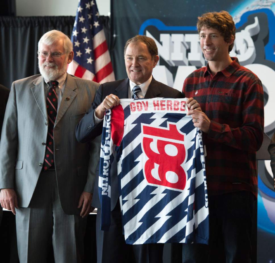 Steve Griffin  |  The Salt Lake Tribune

University of Utah President David Pershing stands withTravis Pastrana, Nitro World Games co-founder, right, as Gov. Gary R. Herbert, center,  holds up a souvenir jersey following a press conference announcing the inaugural Nitro World Games at the University of Utah's Rice-Eccles Stadium in Salt Lake City, Monday, December 7, 2015. The event will be held at Rice-Eccles Stadium July 16, 2016.