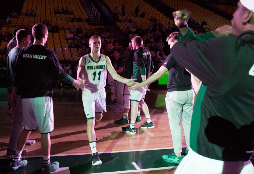 Rick Egan  |  The Salt Lake Tribune

Utah Valley Wolverines guard Conner Toolson (11) enters the court during team introductions, in basketball action Utah Valley Wolverines vs. the Texas-San Antonio Roadrunners, in Orem, Saturday, December 3, 2016.