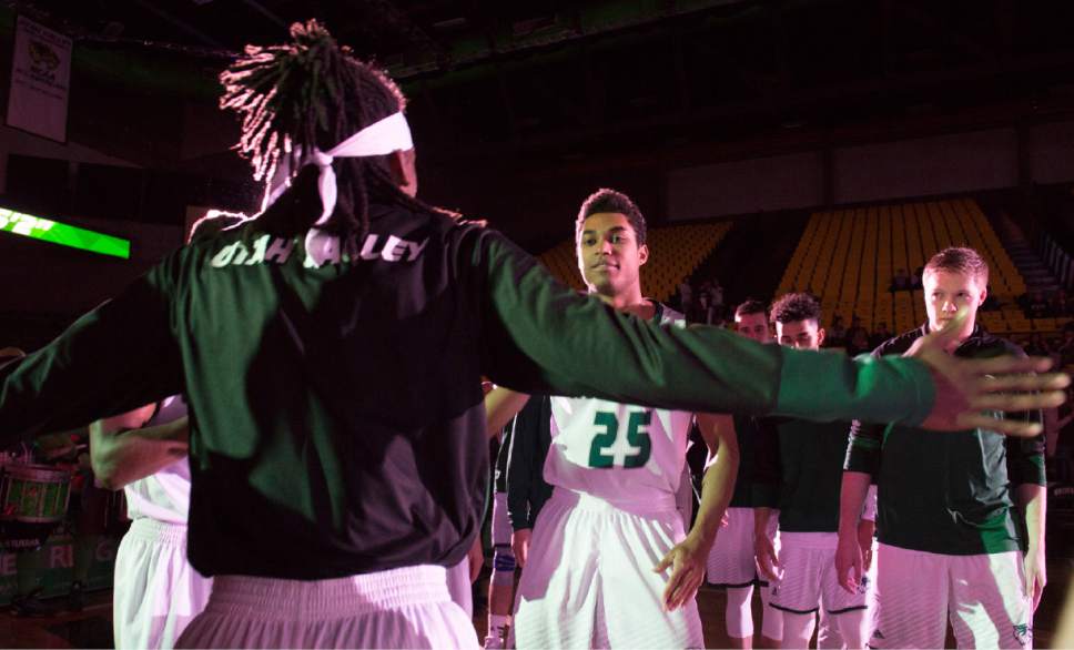 Rick Egan  |  The Salt Lake Tribune

Utah Valley Wolverines guard Kenneth Ogbe (25) is greeted by Wolverine guard Ivory Young, as he takes the court during player introductions, before theUtah Valley Wolverines faced the Texas-San Antonio Roadrunners, at the UCCU Center, in Orem, Saturday, December 3, 2016.