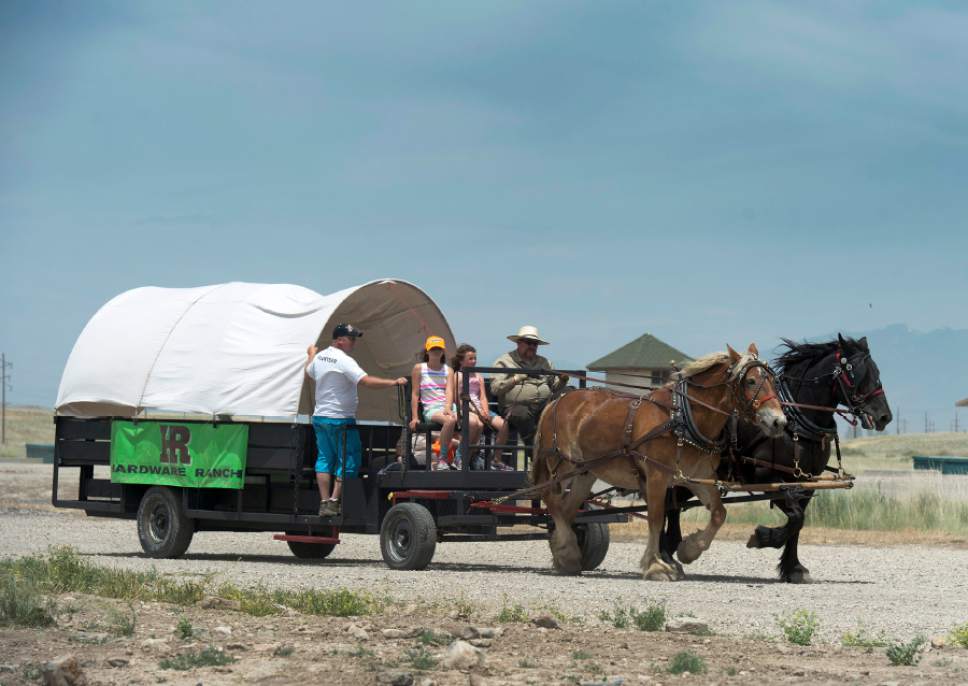 Rick Egan  |  The Salt Lake Tribune

Horses from Hardware Ranch pull visitors from activity to activity in a covered wagon during Outdoor Adventure Days at the Lee Kay Public Shooting Range in Salt Lake City on Friday, June 10, 2016. The free event continues Saturday with fishing, kayaking and paddleboarding, and archery and firearms instruction.