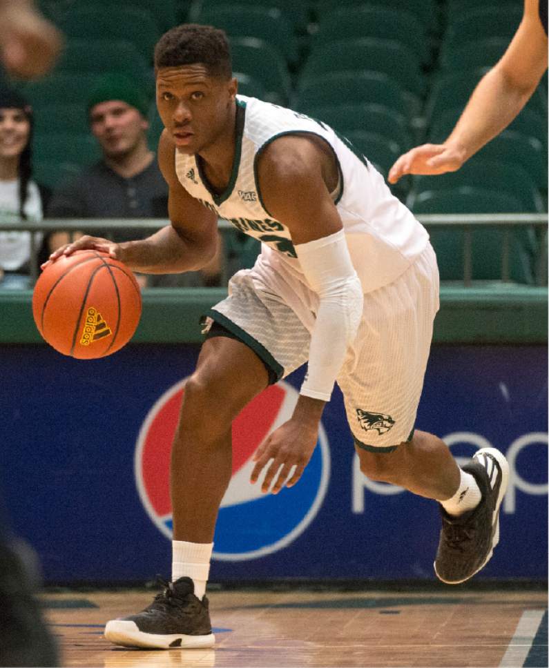 Rick Egan  |  The Salt Lake Tribune

Utah Valley Wolverines guard Brandon Randolph (23) looks down court as he leads a fast break, in basketball action, Utah Valley Wolverines vs. the Texas-San Antonio Roadrunners, at the UCCU Center, in Orem, Saturday, December 3, 2016.