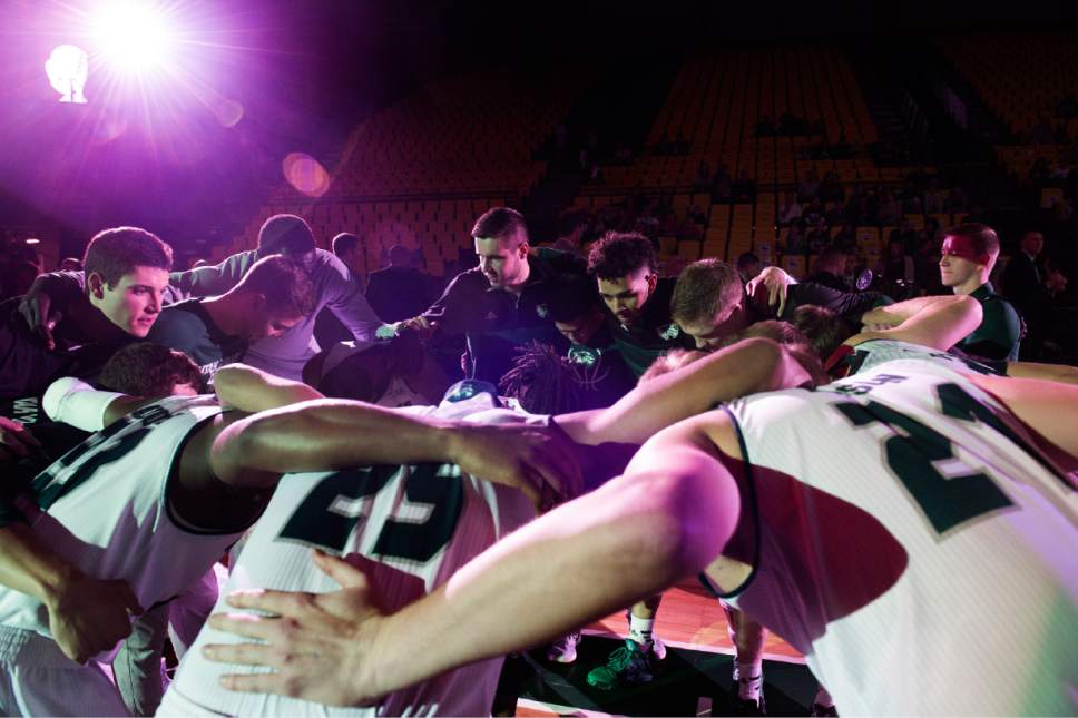 Rick Egan  |  The Salt Lake Tribune

Utah Valley Wolverines gather together before basketball action. Utah Valley Wolverines vs. the Texas-San Antonio Roadrunners, in Orem, Saturday, December 3, 2016.