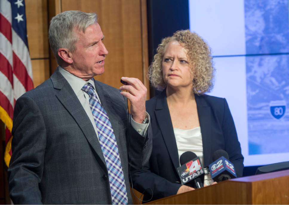 Rick Egan  |  The Salt Lake Tribune

Mike Reberg, director of community and neighborhoods, answers questions from the press about the the city's plan to develop the Northwest Quadrant, directly west of Salt Lake City International Airport, and the International Center,  as Mayor Jackie Biskupski listens, Monday, Dec. 5, 2016.