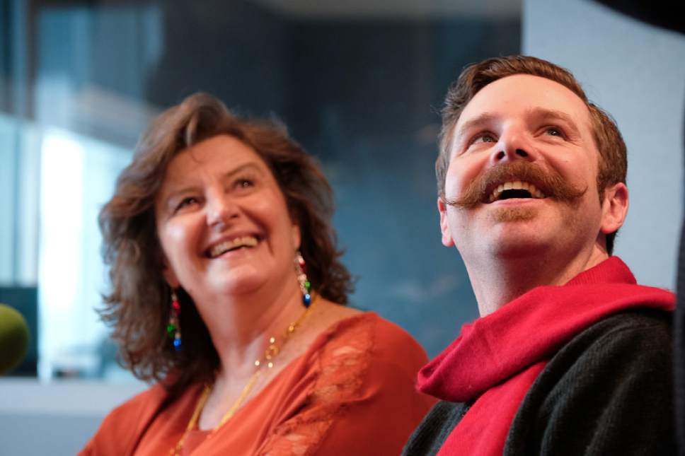 Francisco Kjolseth | The Salt Lake Tribune
Actors Teresa Sanderson and Jay Perry have fun in the studio of KUER's RadioWest in anticipation of Plan-B Theatre Companyís upcoming 11th radio hour, "Yuletide." The one-hour broadcast will be performed live on the radio on Thursday, Dec. 8, 2016.