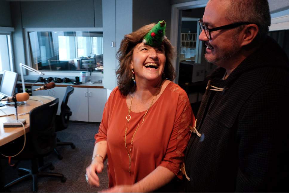 Francisco Kjolseth | The Salt Lake Tribune
Actor Teresa Sanderson jokes around with Jerry Rapier, artistic director for Plan-B Theatre, as they visit the studios of RadioWest for an upcoming radio performance of "Yuletide," a radio show that consists of a trio of Christmas fables.