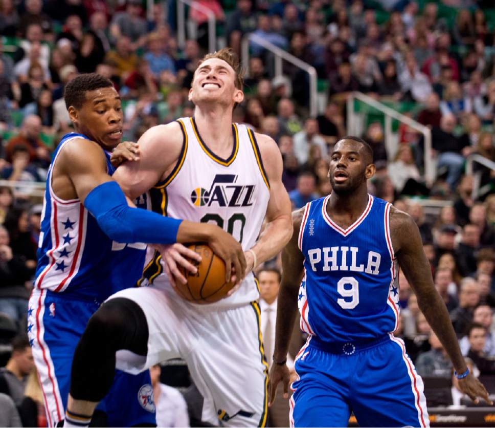 Lennie Mahler  |  The Salt Lake Tribune

Gordon Hayward draws a foul from Richaun Holmes in the first half of a game against the Philadelphia 76ers at Vivint Smart Home Arena, Monday, Dec. 28, 2015.
