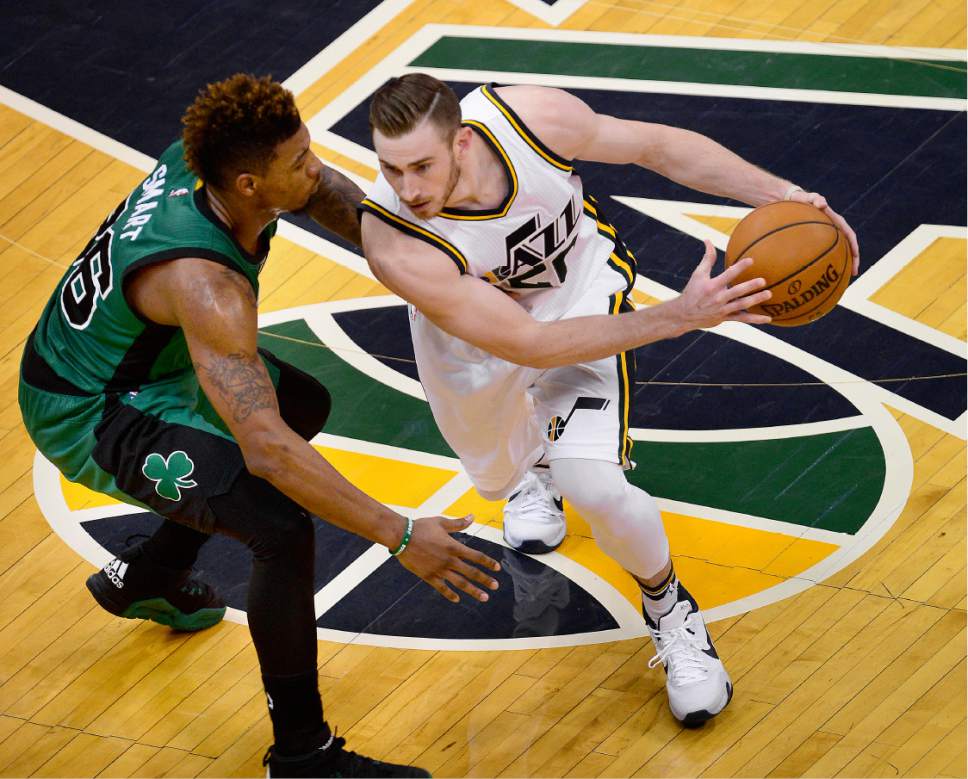 Scott Sommerdorf   |  The Salt Lake Tribune
Jazz F Gordon Hayward looks for room to make a move on Celtics G Marcus Smart during second half play. The Utah Jazz beat the Boston Celtics 111-93, Friday, February 19, 2016.