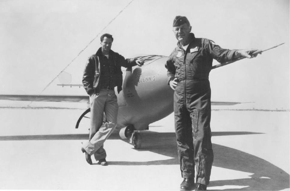 |  Tribune File Photo

General Chuck Yeager (right) with Sam Shepard who portrays him in the film. They are standing next to a mock-up of the X-1 rocket plane which was used in the film version of "The Right Stuff," a Ladd company release thru Warner Bros.