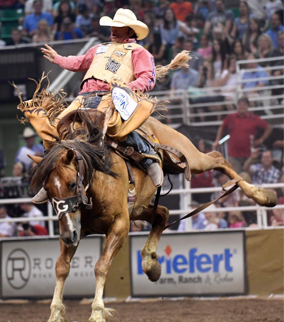 Rick Egan  |  The Salt Lake Tribune

CHadFerley, Oelrichs, SD competes in the Saddle Bronc Riding, in the Days of 47 Rodeo, at Vivint Smart Home Arena, Saturday, July 23, 2016.