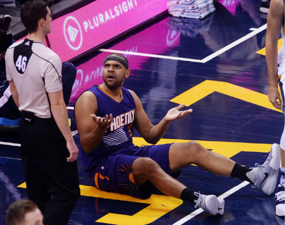Steve Griffin / The Salt Lake Tribune


Phoenix Suns forward Jared Dudley (3) shrugs to the ref as he looks for a foul after falling to the floor with Utah Jazz center Jeff Withey (24) during the Utah Jazz versus the Phoenix Suns NBA game at Vivint Smart Home Arena in Salt Lake City Tuesday December 6, 2016.