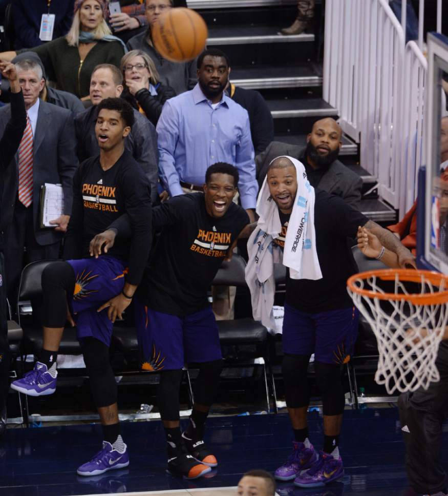 Steve Griffin / The Salt Lake Tribune


The Phoenix bench gets fired up as the Suns come all the way back to take the lead during the Utah Jazz versus the Phoenix Suns NBA game at Vivint Smart Home Arena in Salt Lake City Tuesday December 6, 2016.