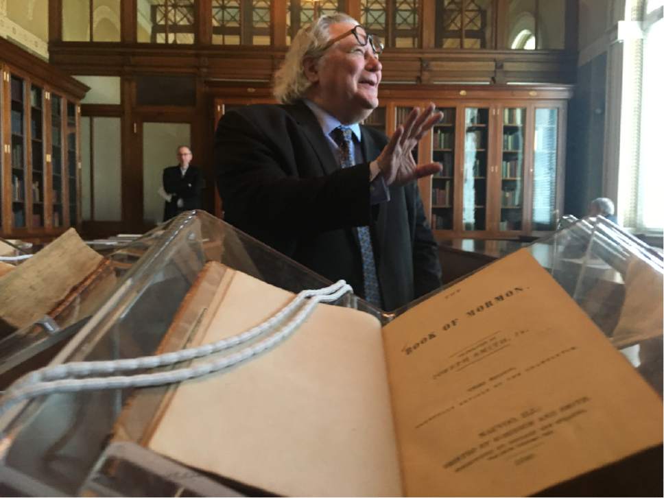 Thomas Burr  |  The Salt Lake Tribune
Mark Dimunation, chief of the Library of Congress' Rare Book and Special Collections Division, explains the history of a copy of an 1840, third edition revised Book of Mormon during an event at the library's Jefferson Building on Wednesday, Dec. 7, 2016.