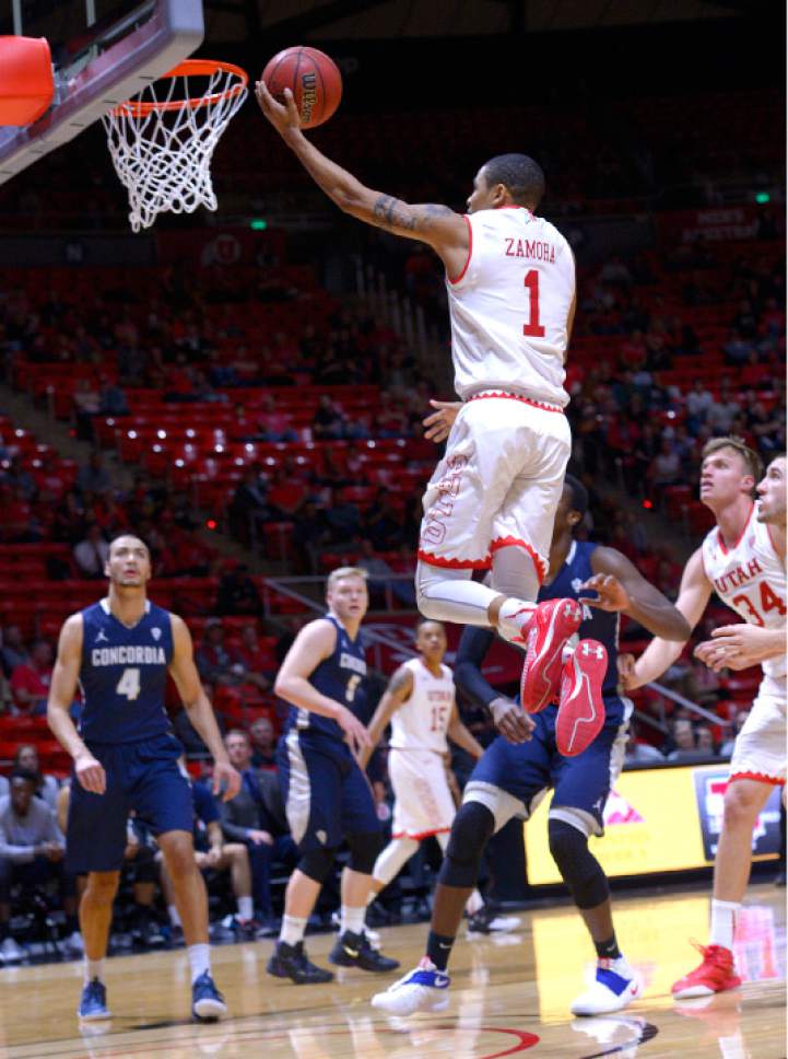 Leah Hogsten  |  The Salt Lake Tribune
Utah Utes guard JoJo Zamora (1) scored 14 points. University of Utah men's basketball team defeated Concordia 96-53 at the Jon M. Huntsman Center, November 15, 2016.