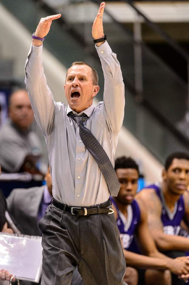 Trent Nelson  |  The Salt Lake Tribune
Weber State coach Randy Rahe calls for a timeout in the final minutes as BYU hosts Weber State, NCAA basketball at the Marriott Center in Provo, Wednesday December 7, 2016.