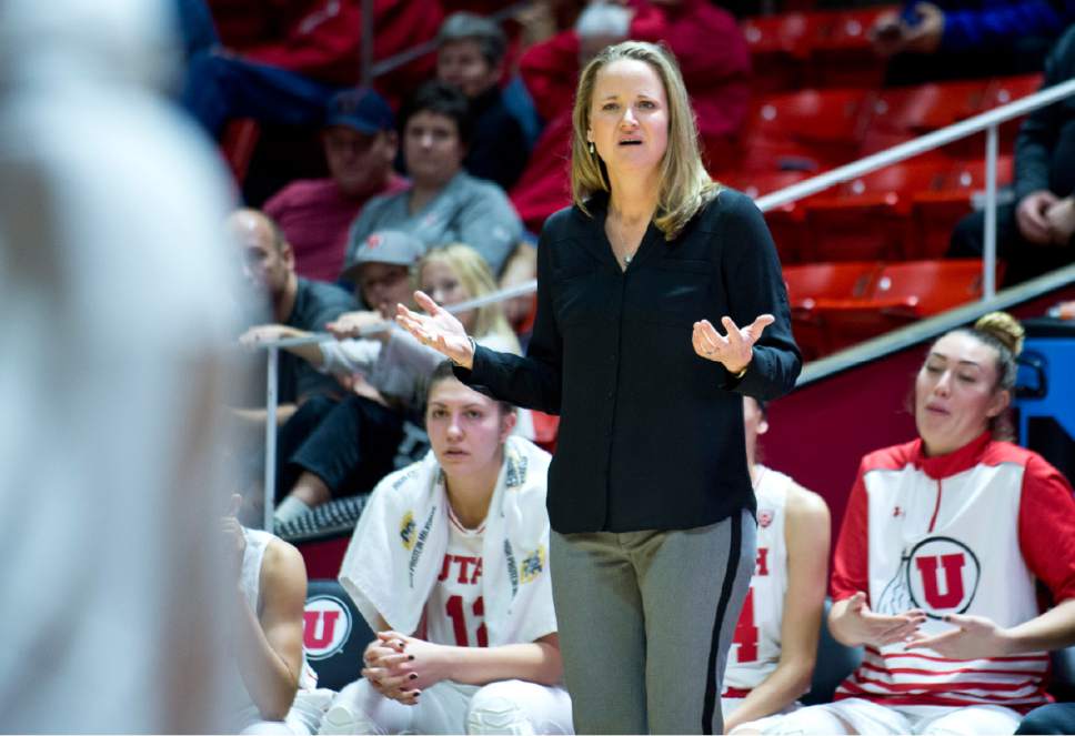 Lennie Mahler  |  The Salt Lake Tribune

Utah head coach Lynne Roberts complains to an official about a jump ball call in a game at the Huntsman Center in Salt Lake City, Saturday, Dec. 3, 2016.