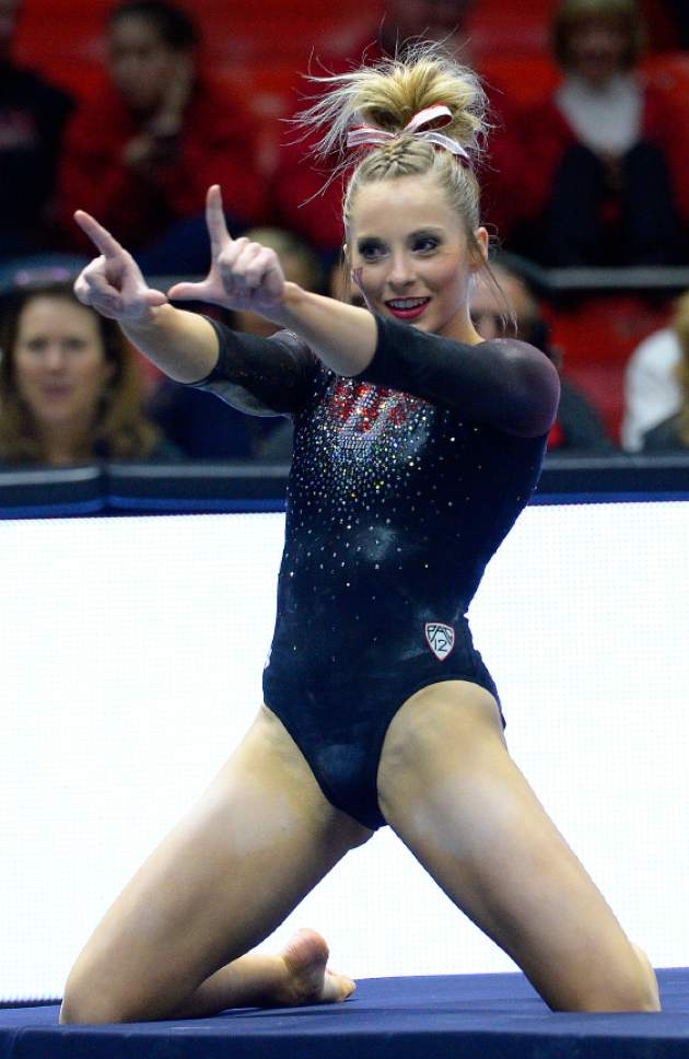 Leah Hogsten  |  The Salt Lake Tribune
Sabrina Schwab flashes her "U" during her floor routine. University of Utah gymnastics fans got their first glimpse of this yearís team at the Red Rocks Preview intrasquad meet at the Huntsman Center, Friday, December 9, 2016.