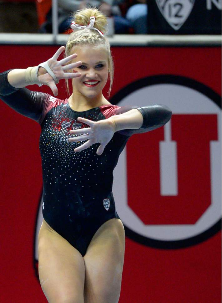 Leah Hogsten  |  The Salt Lake Tribune
Erika Muhaw during her floor routine. University of Utah gymnastics fans got their first glimpse of this yearís team at the Red Rocks Preview intrasquad meet at the Huntsman Center, Friday, December 9, 2016.