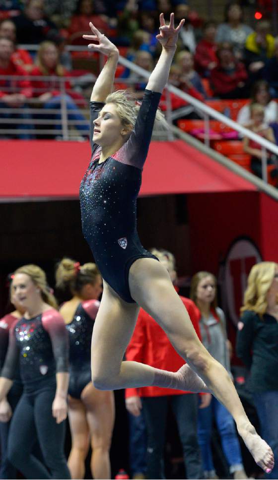 Leah Hogsten  |  The Salt Lake Tribune
Sabrina Schwab performing her floor routine.  University of Utah gymnastics fans got their first glimpse of this year's team at the Red Rocks Preview intrasquad meet at the Huntsman Center, Friday, December 9, 2016.