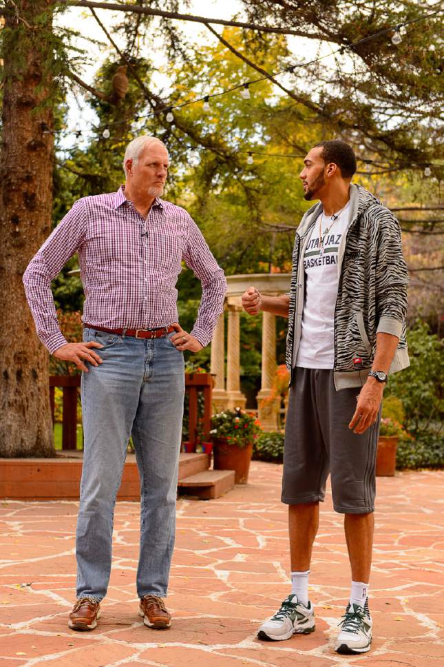 Trent Nelson  |  The Salt Lake Tribune
Utah Jazz centers Rudy Gobert and Mark Eaton (retired) talk about shot blocking and playing center in the NBA, at Eaton's restaurant Franck's in Holladay, Thursday October 27, 2016.