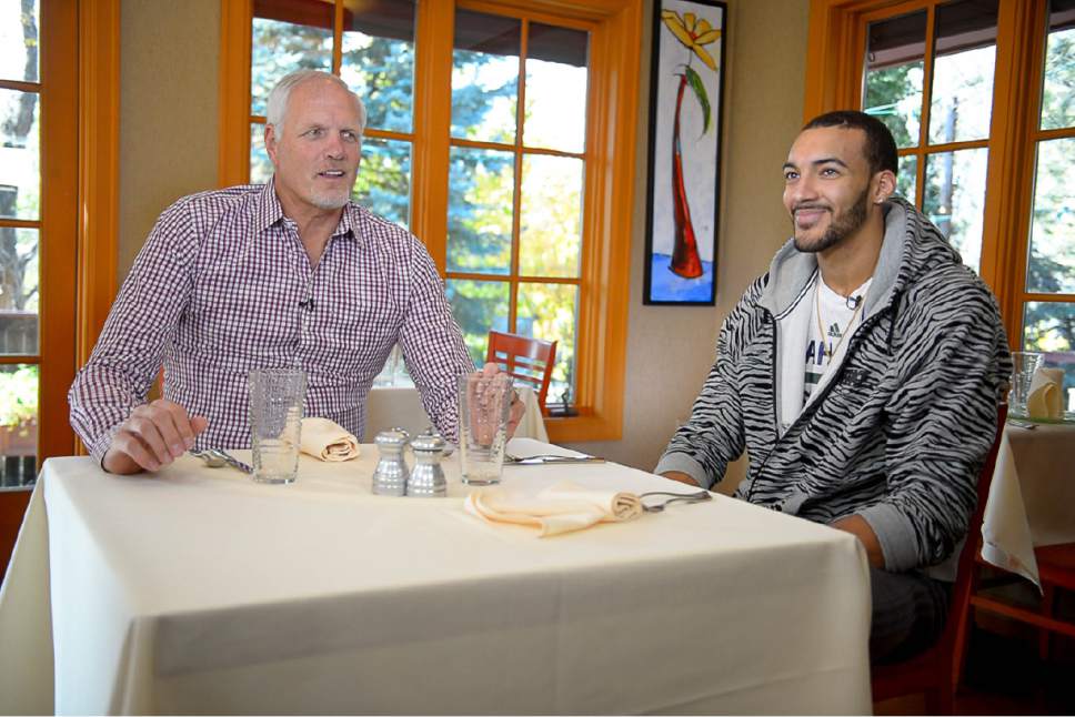 Trent Nelson  |  The Salt Lake Tribune
Utah Jazz centers Rudy Gobert and Mark Eaton (retired) talk about shot blocking and playing center in the NBA, at Eaton's restaurant Franck's in Holladay, Thursday October 27, 2016.